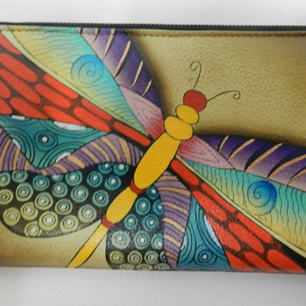 Anuschka Leather Butterfly clutch Zip around Hand painted wallet 8.5